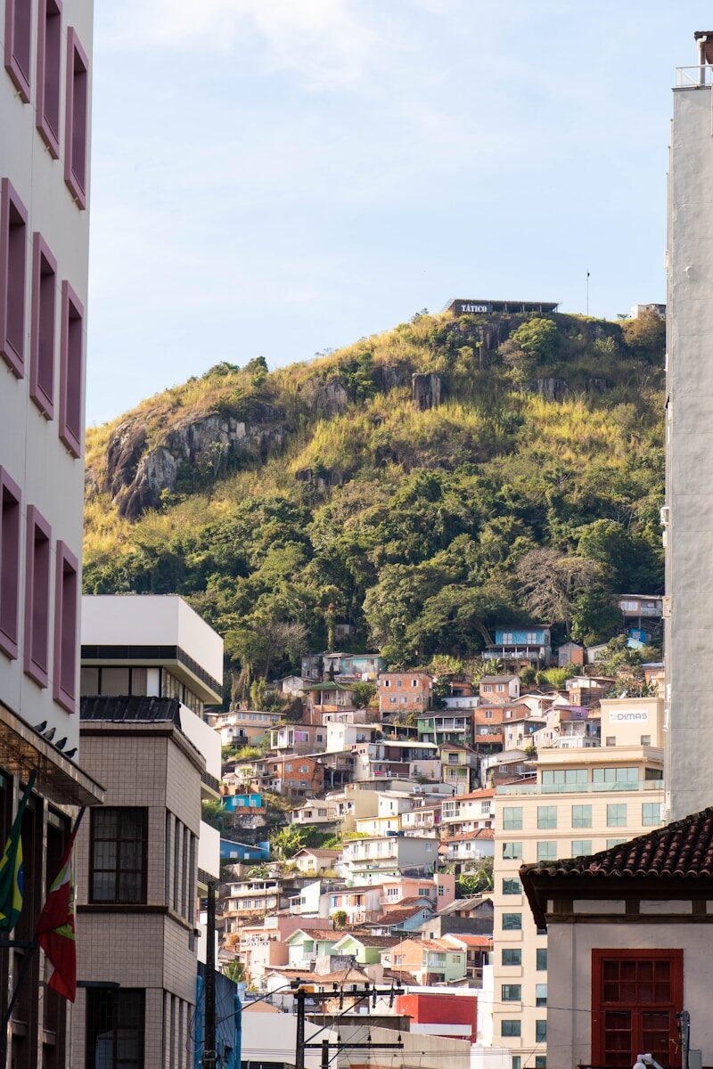 Buildings climbing a lush green hillside under a bright sky